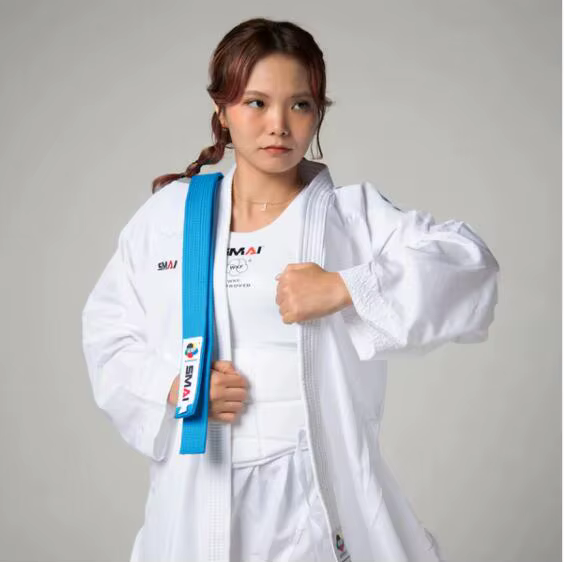 Ceinture approuvée WKF SMAI KMikarategi, couleurs bleu environnement, ceintures de karaté, utilisées par des combattants professionnels