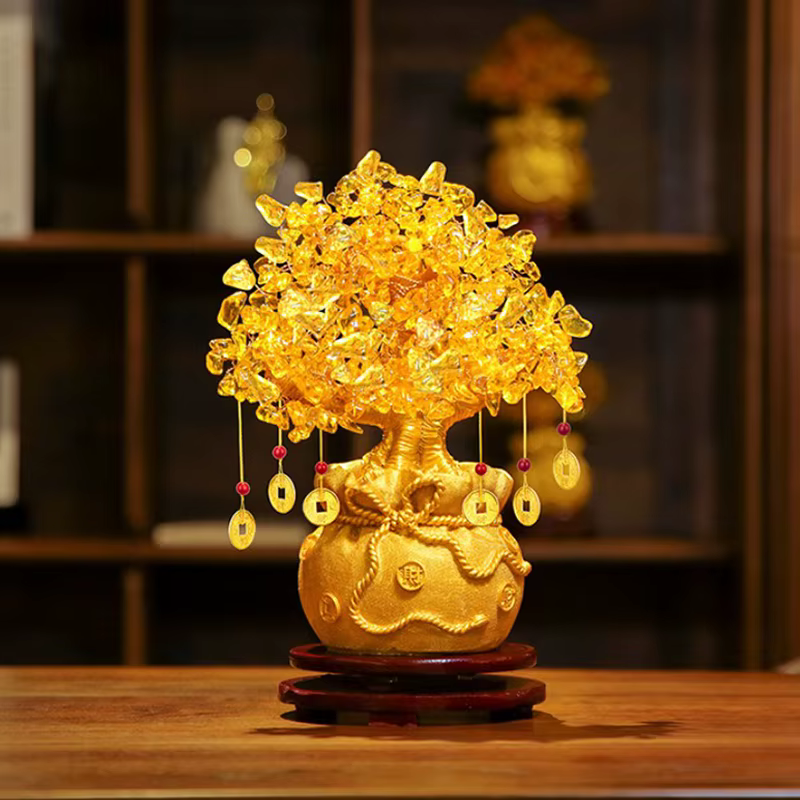 Arbre porte-bonheur en cristal jaune, arbre à argent naturel, ornements style bonsaï, ornements Feng Shui pour la richesse et la chance, artisanat