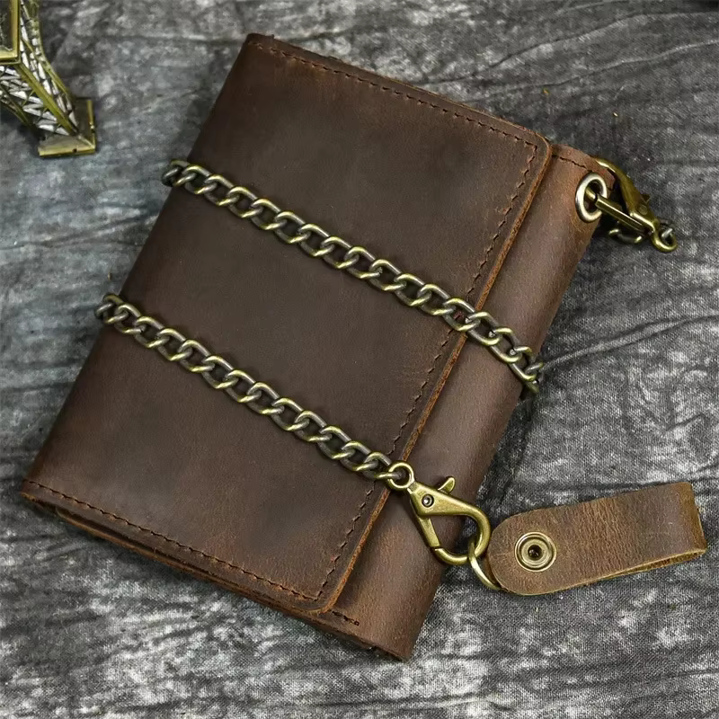 2025 hommes en cuir véritable court portefeuille avec chaîne fermeture éclair pochette portefeuilles mâle