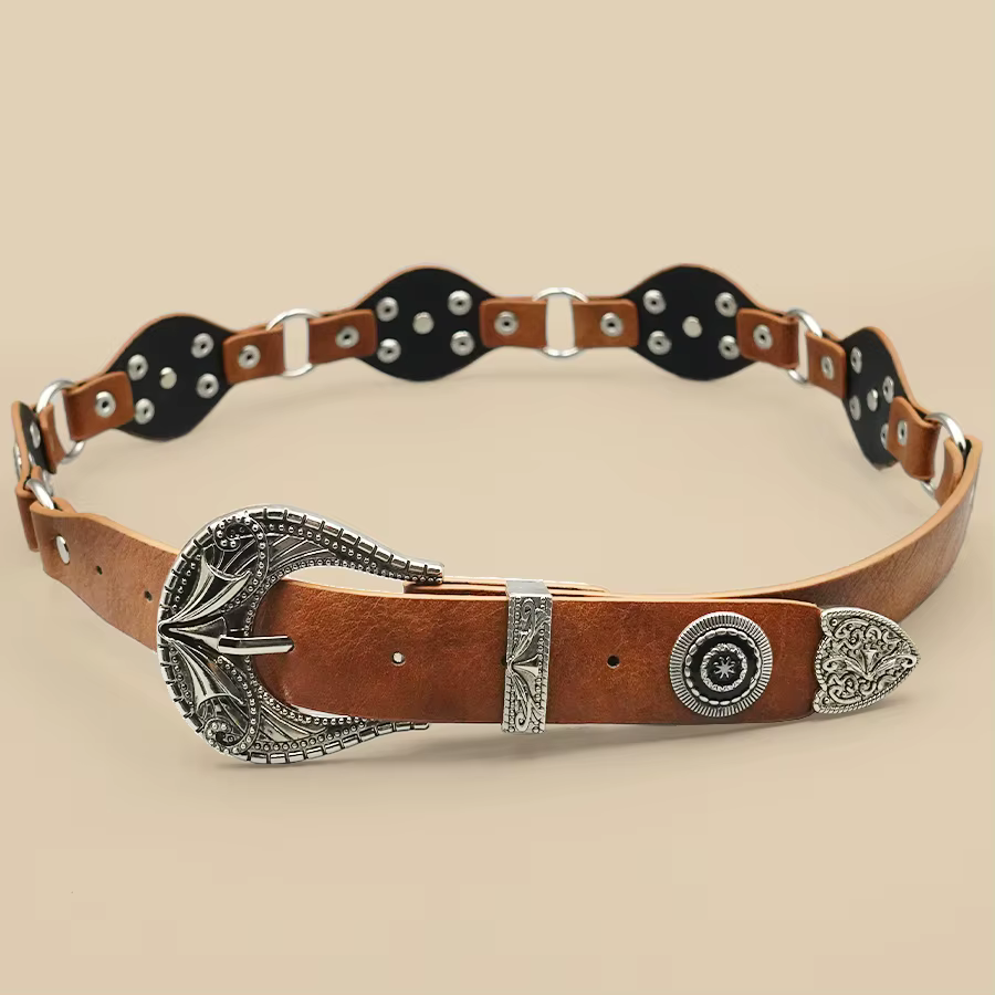Ceinture femme vintage bohème marron – Design rivets sculptés