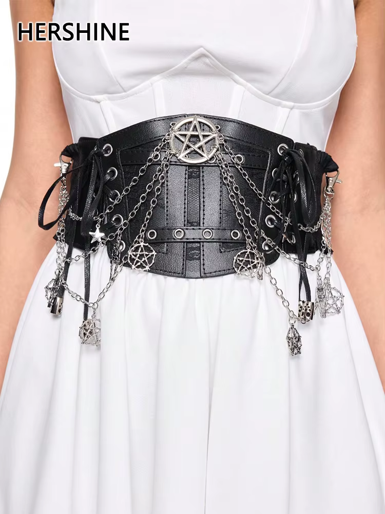 HERSHINE Ceinture large élastique avec chaîne étoile noire pour femme