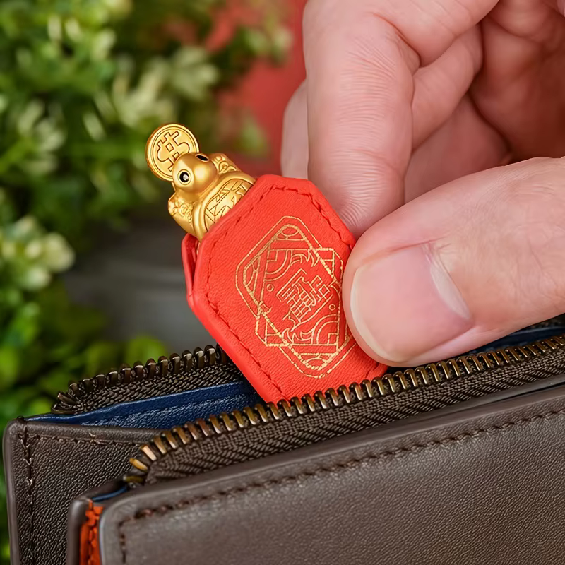 Porte-monnaie en forme de tortue dorée avec étui en cuir rouge - Attracteur de richesse Feng Shui