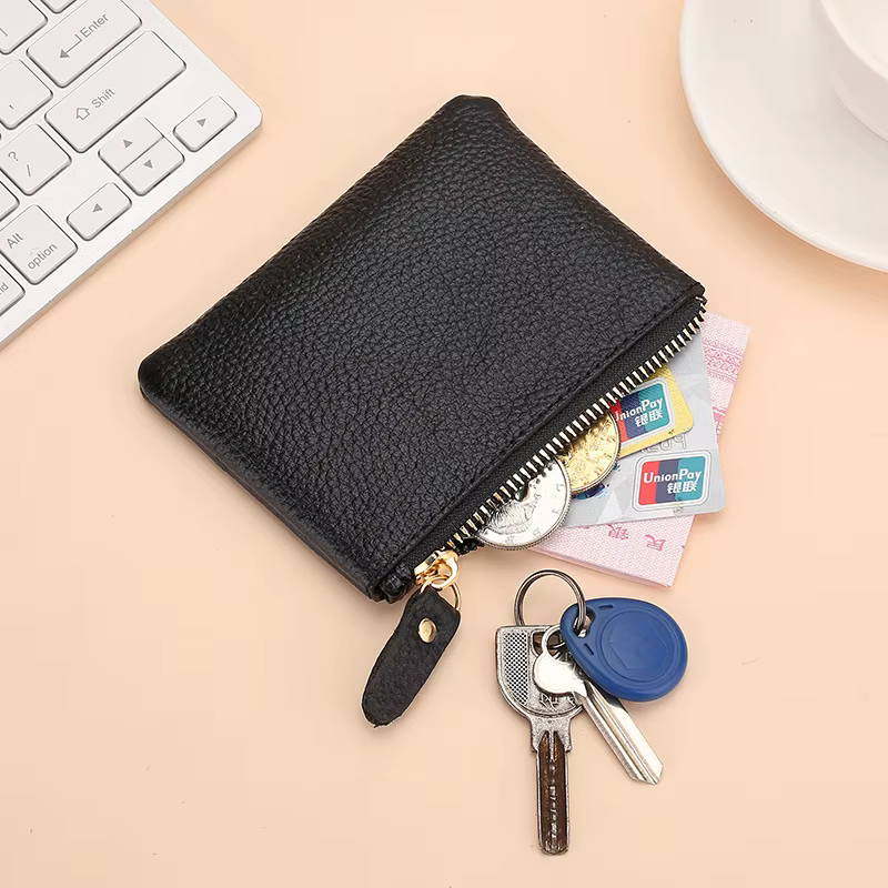 Porte-monnaie en cuir véritable noir pour hommes et femmes