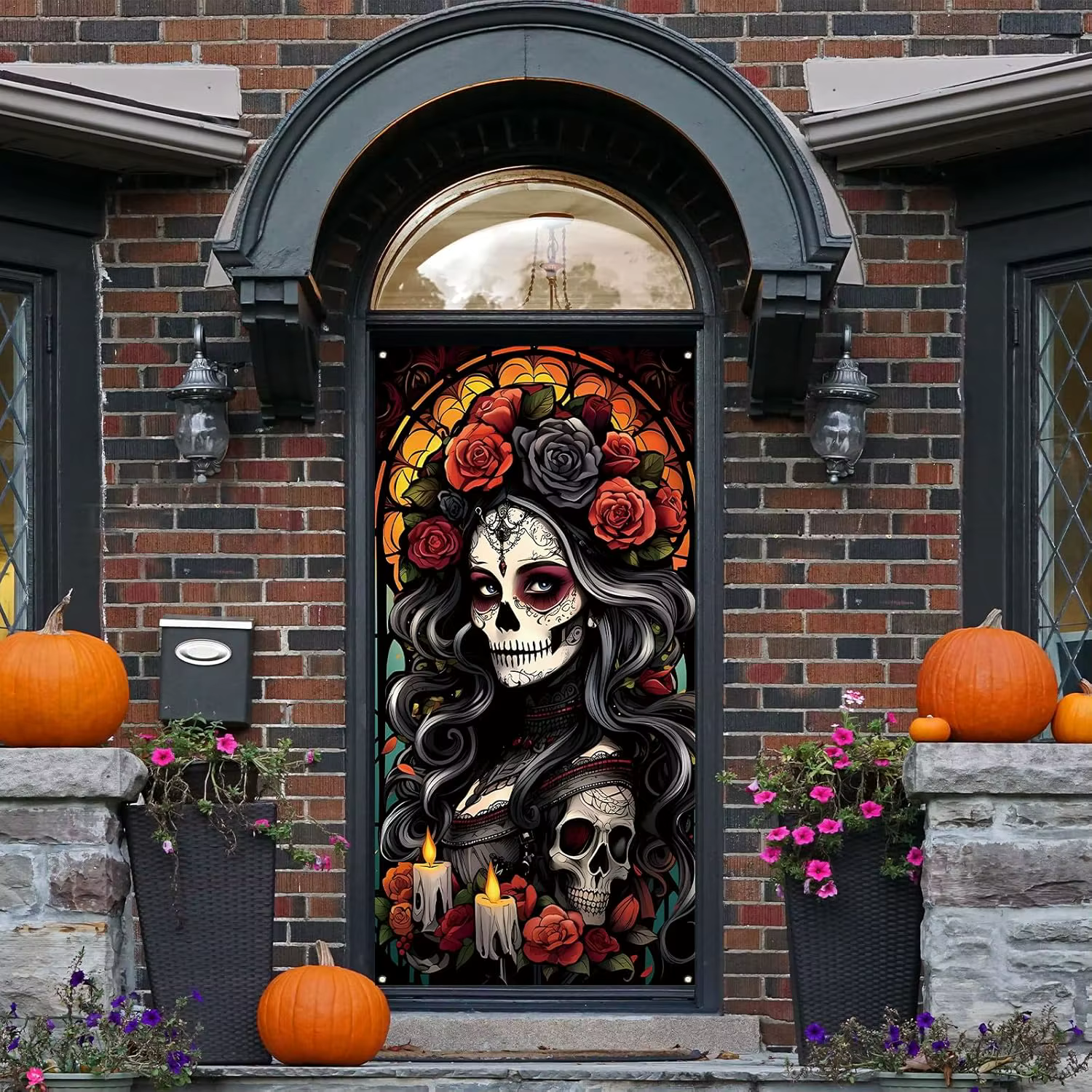 Couverture De porte du jour des morts, bannière Boor Dia De Los Muertos, toile De fond, crâne De sucre, Rose, Altar, décorations De fête mexicaine