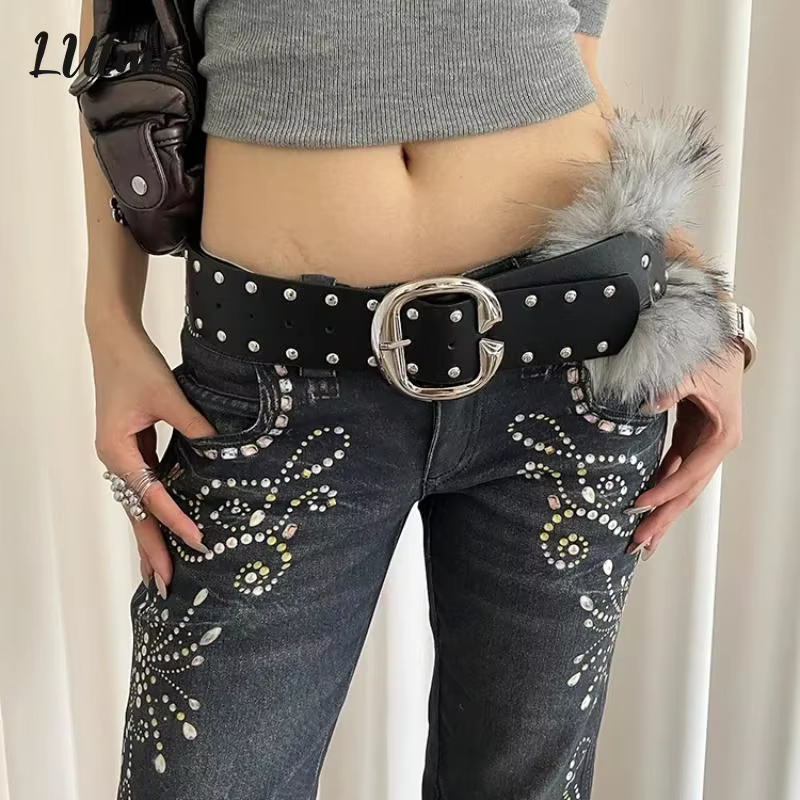 Ceinture large en fausse fourrure pour femmes, haut de gamme, Patchwork, robuste, Style Punk rétro, Rivet, avec jupe, ceinture en jean