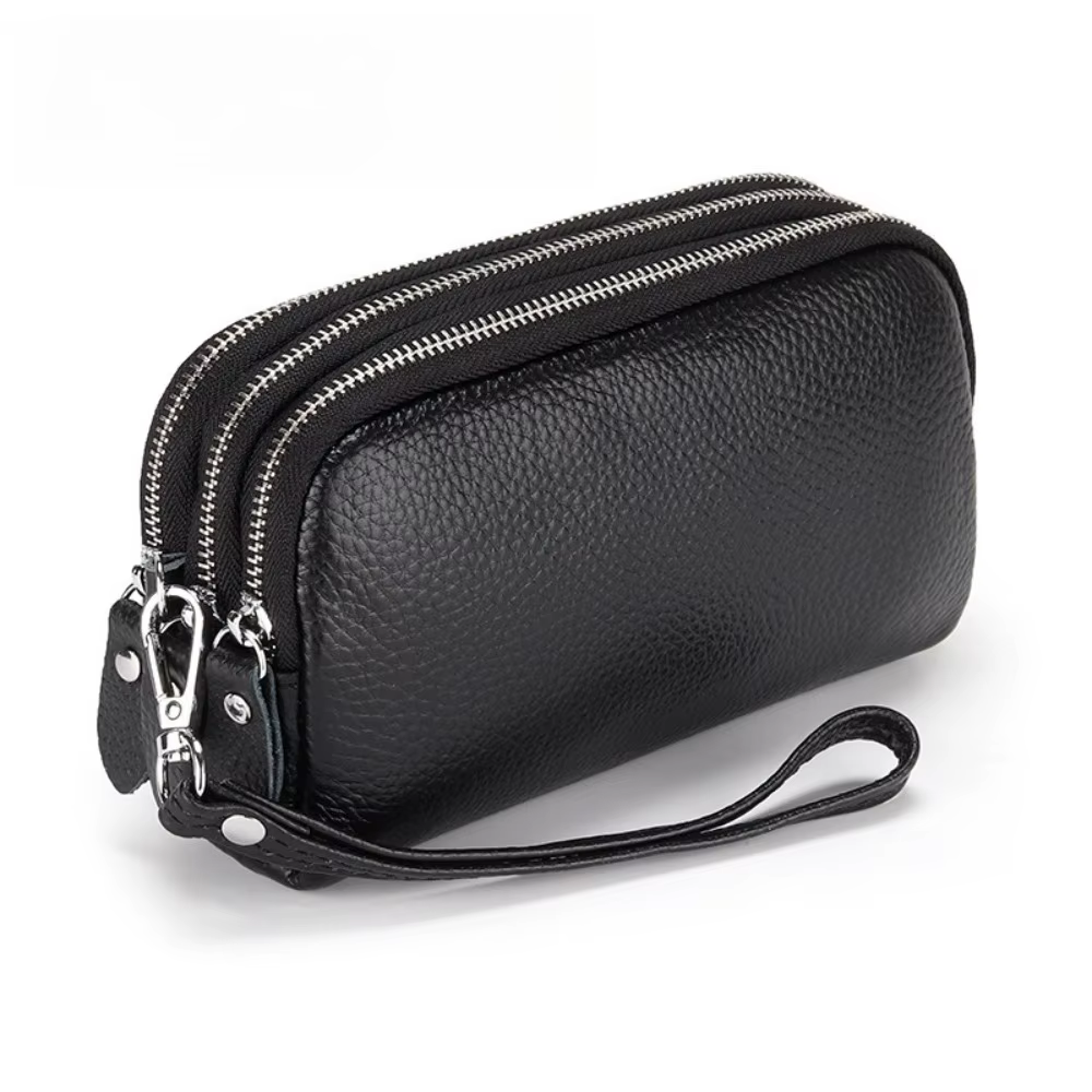 Femmes Long portefeuille en cuir véritable 3 couches fermeture éclair sac à main grande capacité bracelet pochette