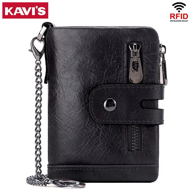KAVIS portefeuille en cuir véritable pour hommes RFID blocage porte-carte sac à main court Double fermeture éclair monnaie poche mâle à deux volets chaîne Billetera