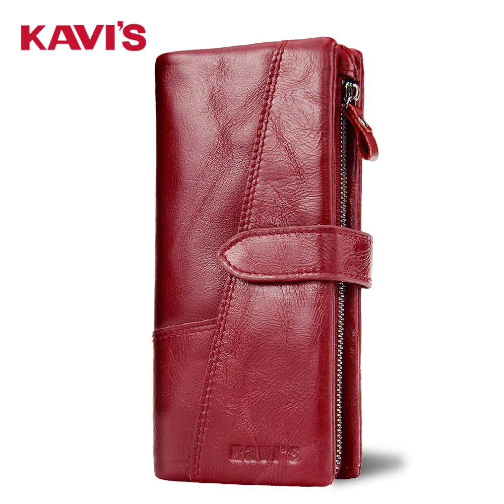 KAVIS-Portefeuille en cuir véritable pour femme, porte-monnaie unisexe, pochette longue pour femme, sacs pour téléphone portable, porte-cartes, mode