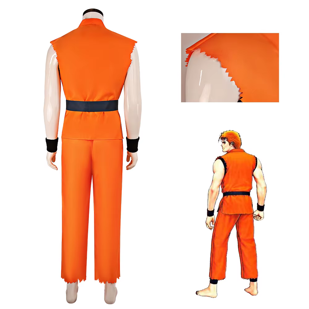 Déguisement Ryo Sakazaki Art of Fighting KOF Costume de Cosplay Kimono de Karaté Orange Uniforme d'Arts Martiaux pour Homme Tenue de Halloween