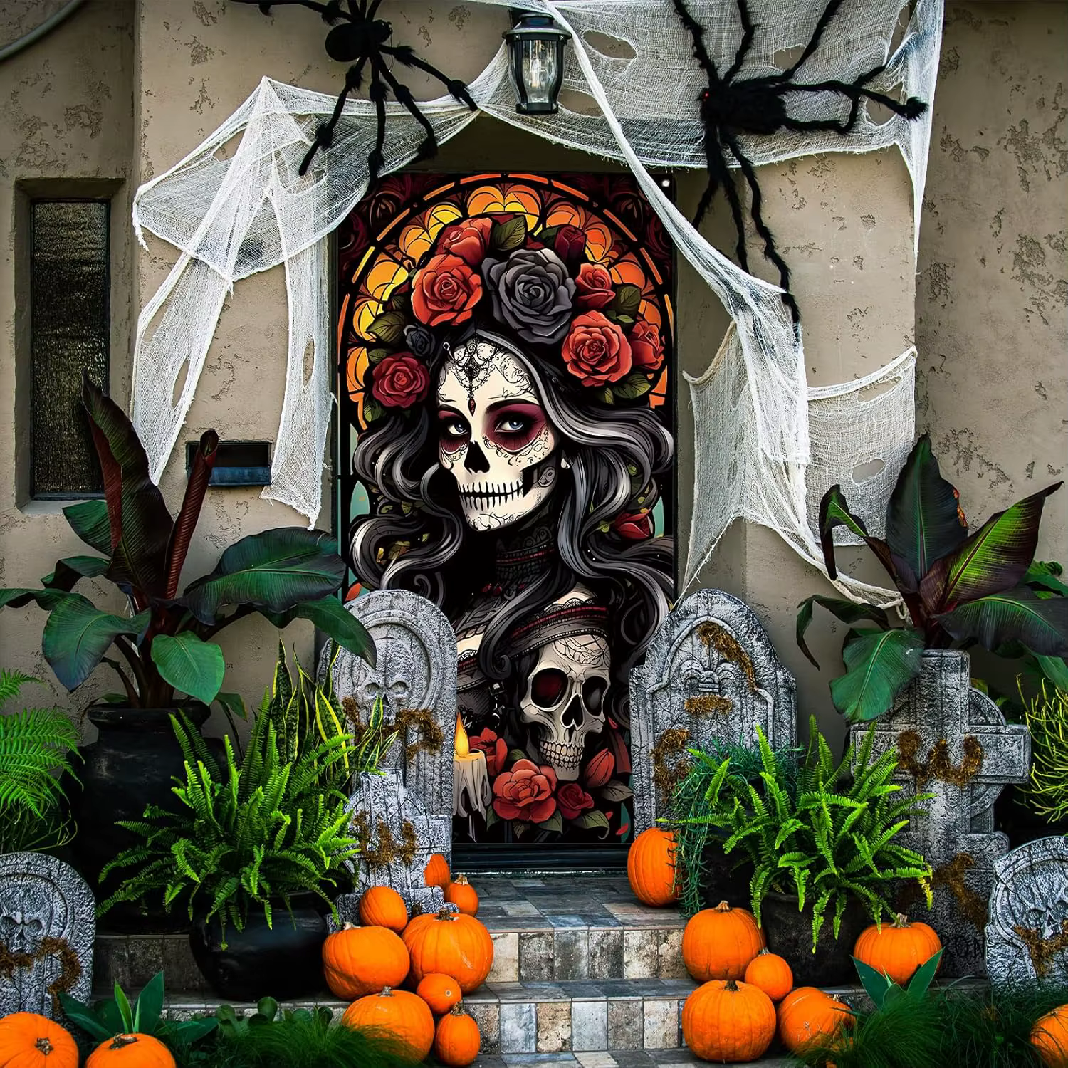 Couverture De porte du jour des morts, bannière Boor Dia De Los Muertos, toile De fond, crâne De sucre, Rose, Altar, décorations De fête mexicaine