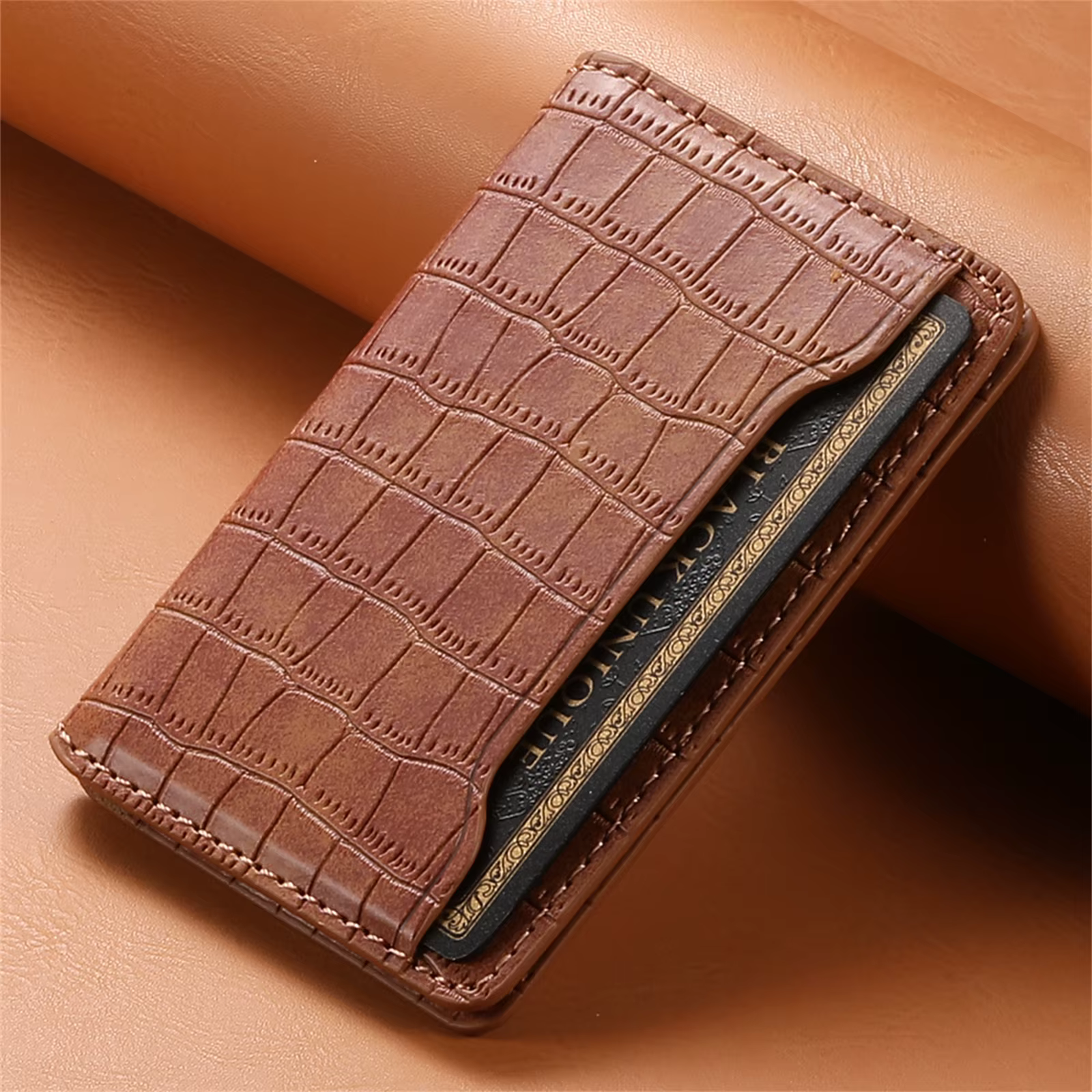 Porte-cartes adhésif en cuir PU gaufré crocodile à double fente pour téléphones iPhone et Samsung