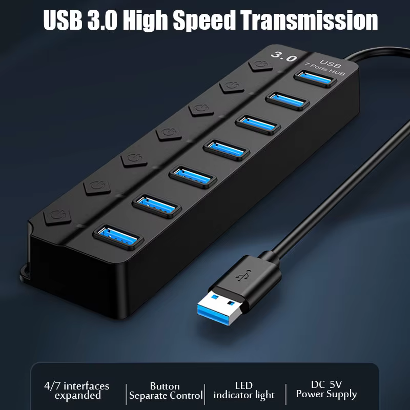 Adaptateur HUB USB 2.0 multi-ports haute vitesse, extenseur de Hub USB 3.0, séparateur USB, extension Multiple avec interrupteur de lampe LED pour PC et ordinateur portable
