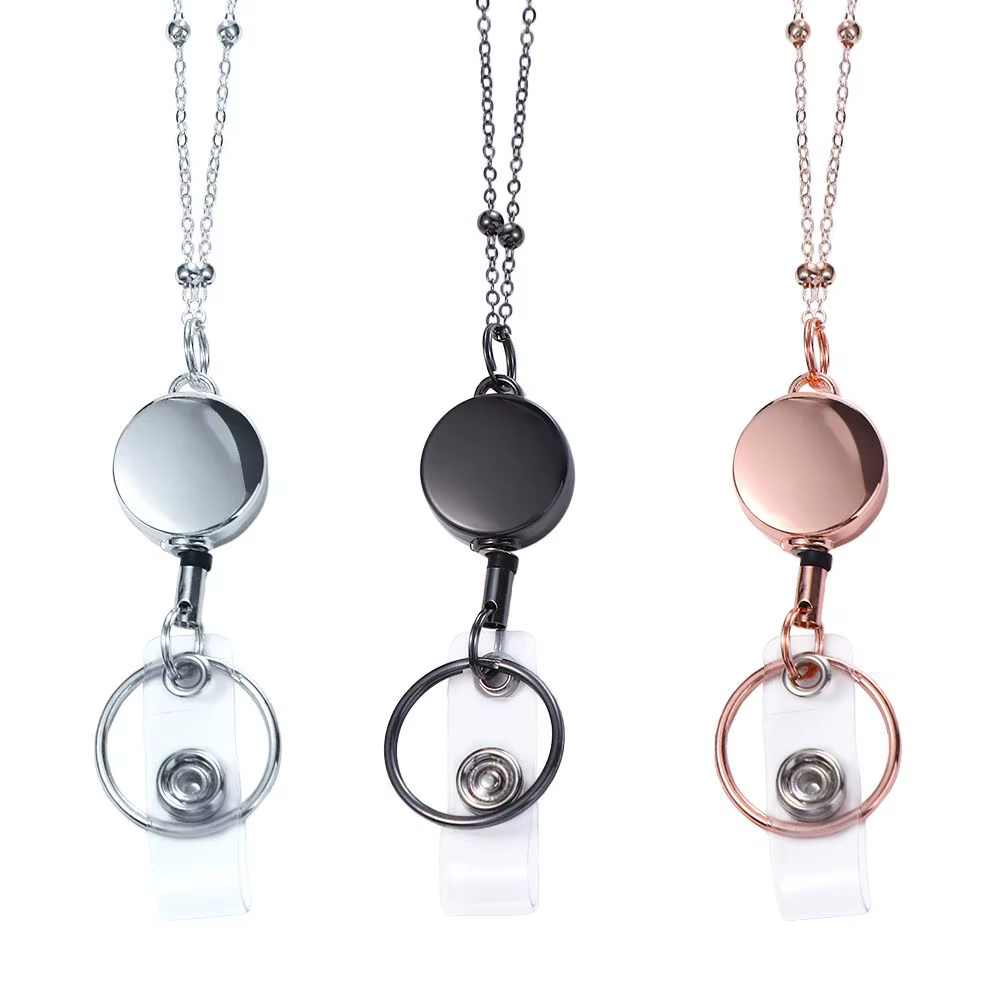 Porte-clés porte-carte d'identité en acier inoxydable, collier porte-badge avec porte-cartes d'identité, enrouleur de badge rétractable, cordon de cou DIY perlé