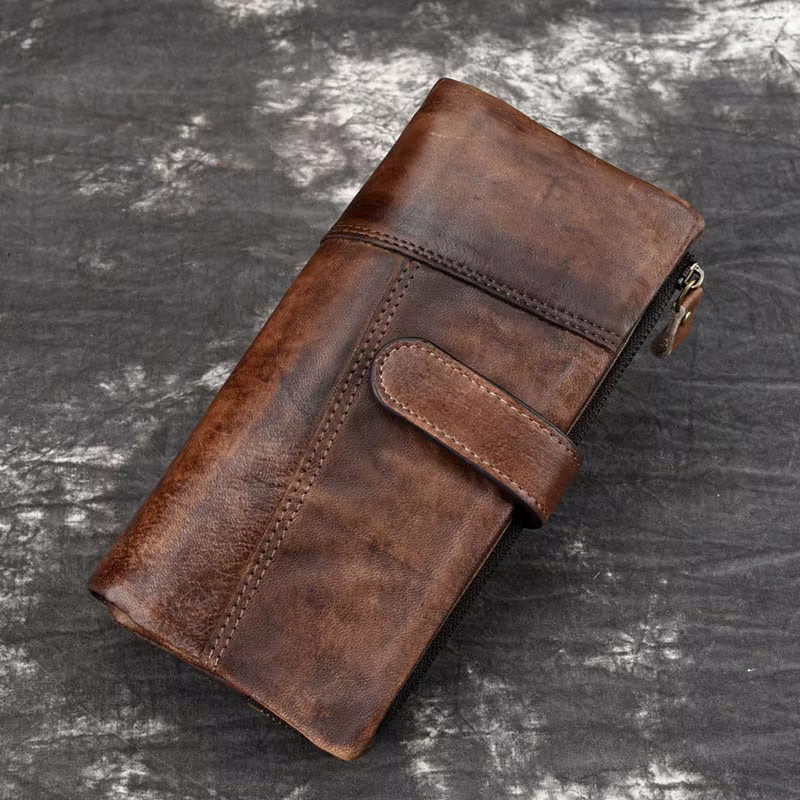 Luufan-Portefeuille long en cuir véritable vintage pour hommes et femmes