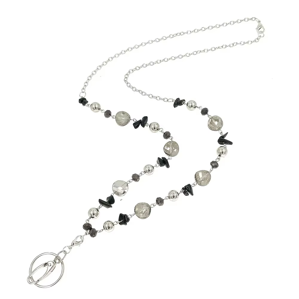 Lanières de Badge en perles de verre noires, porte-collier à la mode avec porte-carte d'identité, porte-clés pour enseignants, infirmières, mères, cadeaux