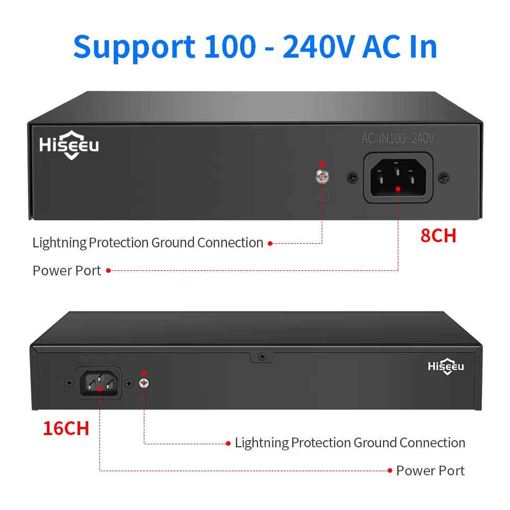 Hiseeu – Commutateur Ethernet POE 48V à 8/16 Ports, 10/100Mbps IEEE 802.3 af/at pour caméra IP, système de sécurité CCTV/AP ft sans fil