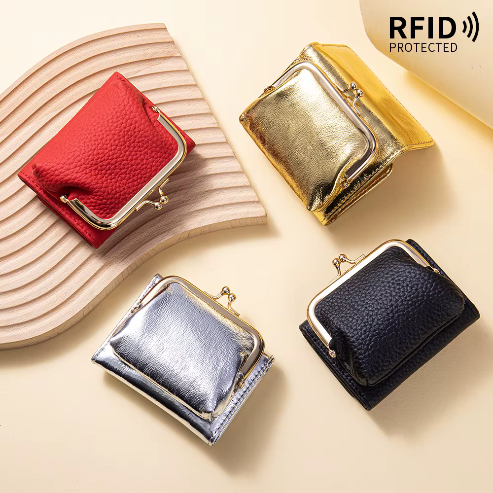 Mini portefeuille court en cuir véritable pour femmes, Design Vintage, blocage RFID, fente multi-cartes, porte-monnaie, sacs à fermoir Kiss Lock