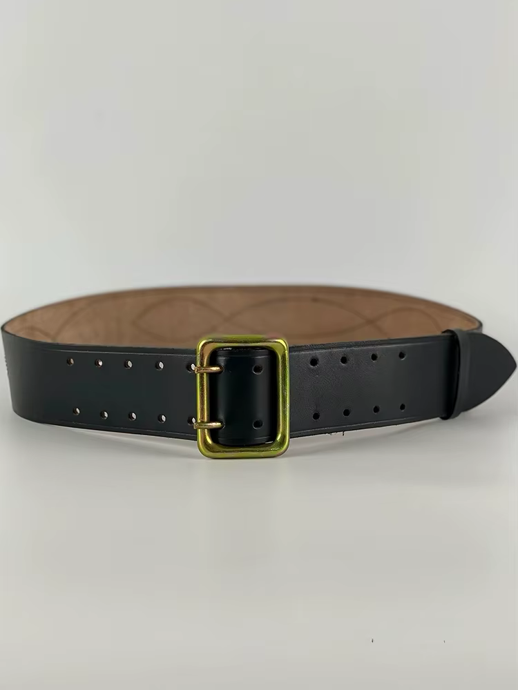 Ceinture en cuir de vachette à double boucle métallique russe, noir et marron
