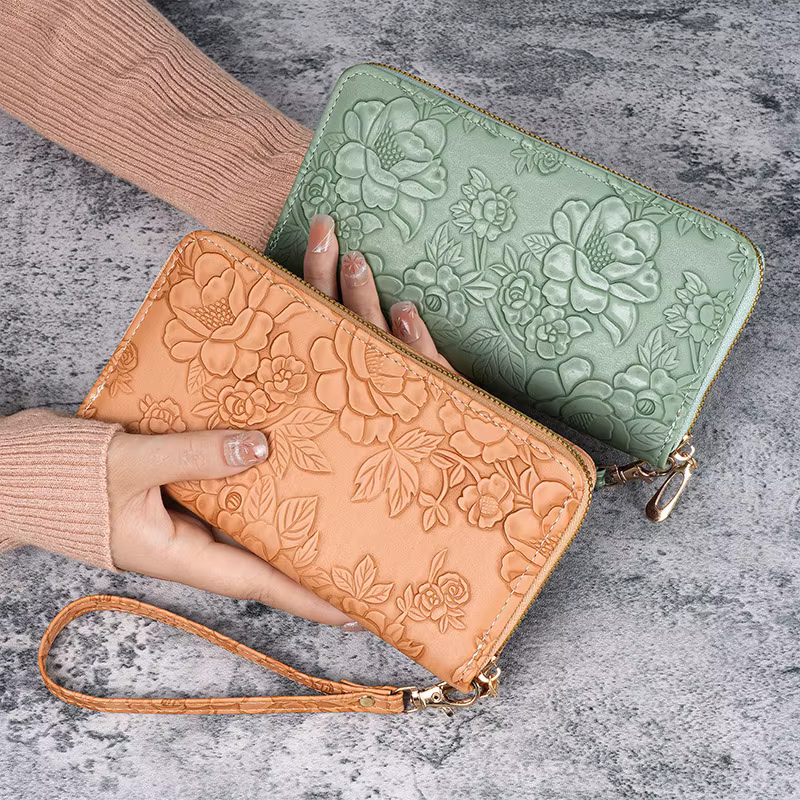 Portefeuille long pour femme en cuir gaufré floral - Porte-carte de crédit avec fente pour téléphone