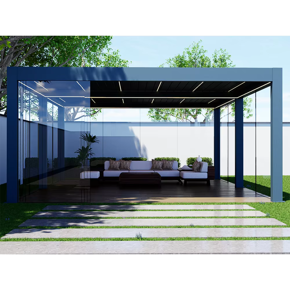 Pergola imperméable bioclimatique extérieure en métal et aluminium, porte coulissante moderne en verre pour maison personnalisée, Gazebo de jardin