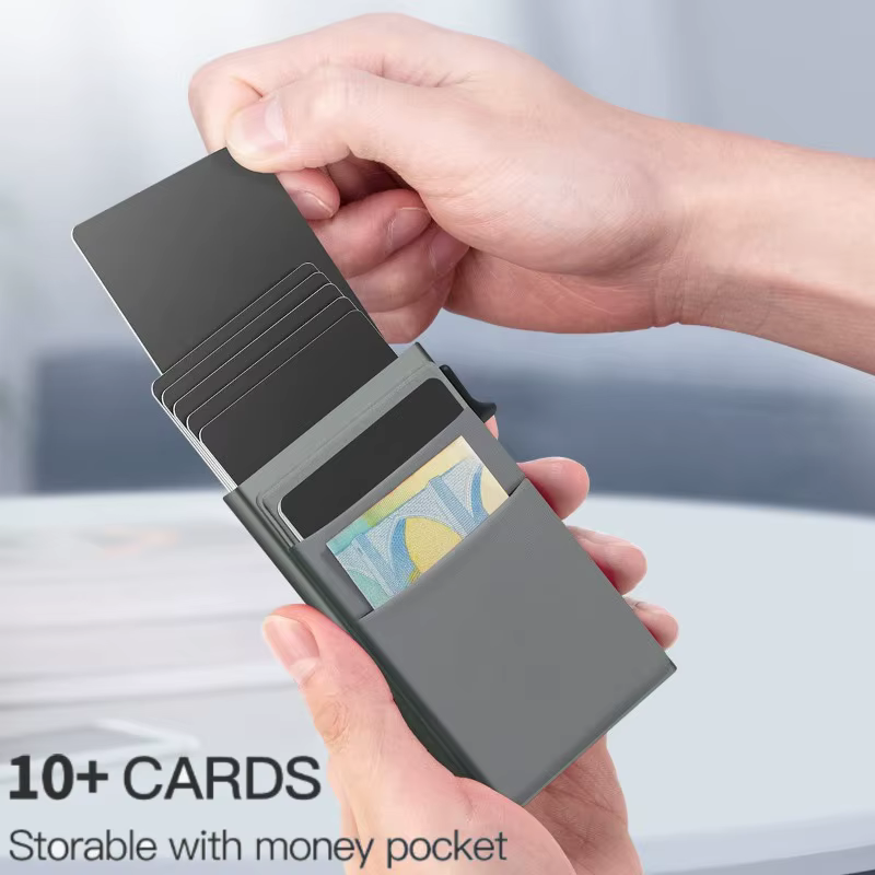 Portefeuille fin pour homme, anti-RFID, porte-cartes intelligent à ouverture automatique, étui à monnaie, petit et compact, porte-cartes d'identité et de banque, pour femme