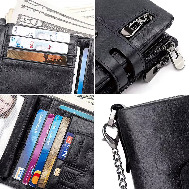 LAREET 100% portefeuille en cuir véritable avec peau de vache pour hommes porte-carte d'argent sac à main RFID court Double fermeture éclair poche à monnaie mâle à deux volets