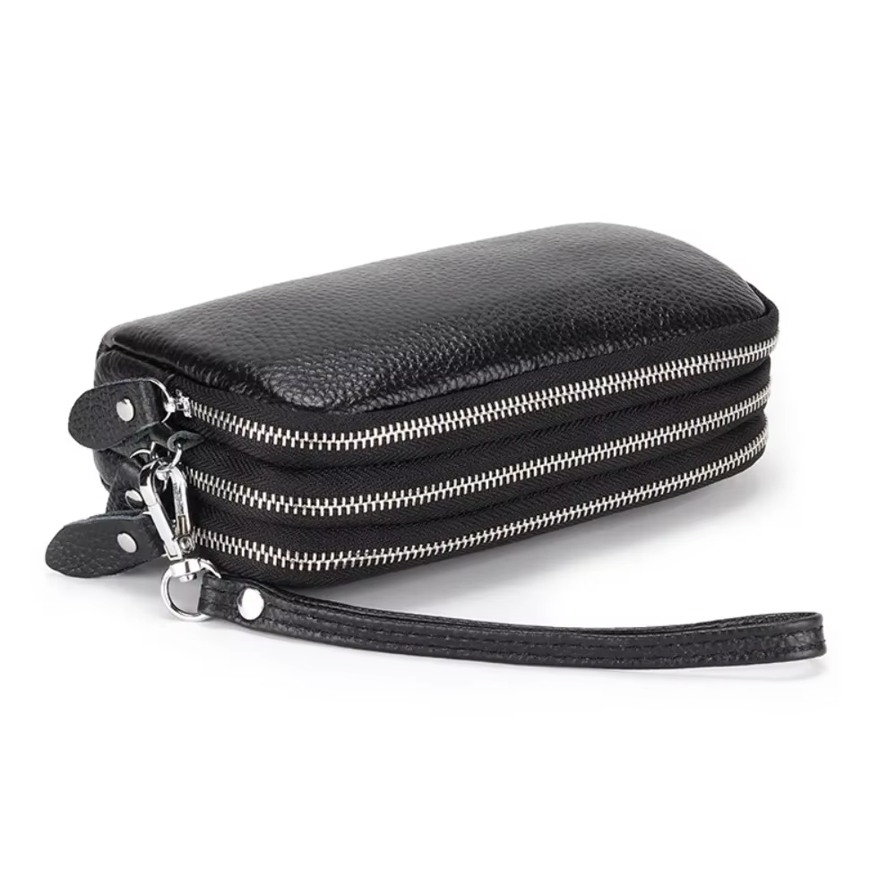 Femmes Long portefeuille en cuir véritable 3 couches fermeture éclair sac à main grande capacité bracelet pochette