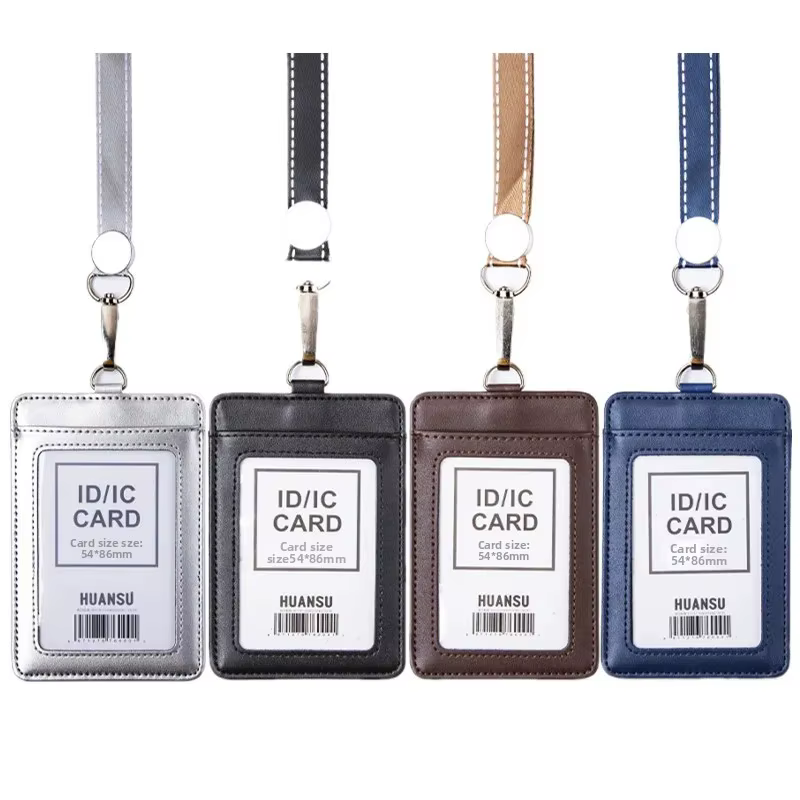 Porte-badge en cuir véritable grande taille avec cordon