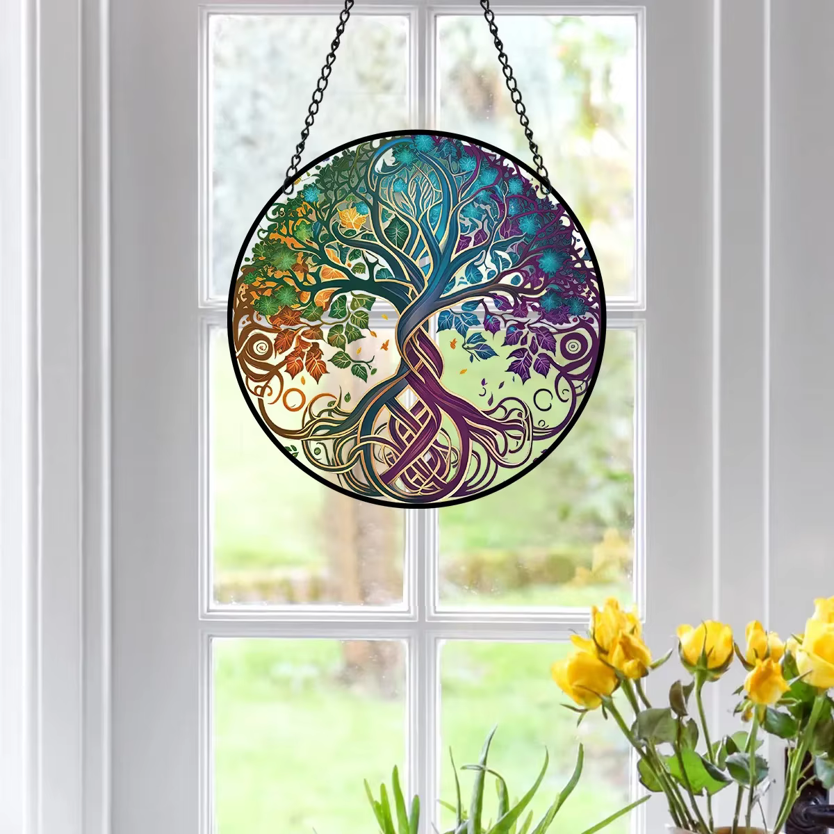 Arbre porte-bonheur rond en acrylique peint, pendentif décoratif mural, artisanat créatif, étiquette à suspendre pour la maison