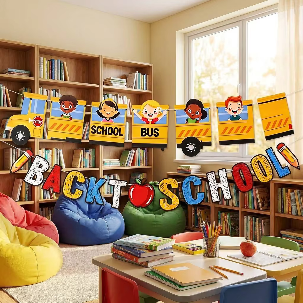 Décoration de classe pour la rentrée scolaire - Panneau « Premier jour d'école » avec bannière bus scolaire, crayon pomme, décoration de remise de diplôme de maternelle