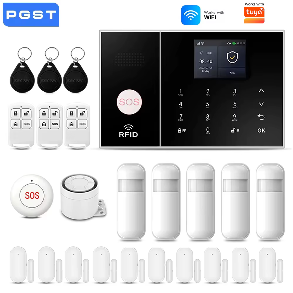 Système d'alarme sans fil 2.4G WiFi, kit de sécurité domestique avec capteur de mouvement de porte, fonctionne avec l'application SmartLife, compatible avec Alexa, sans frais mensuels