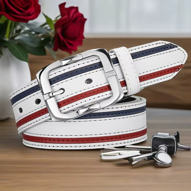 Ceinture pour homme en PU blanc avec design rayé rouge et bleu