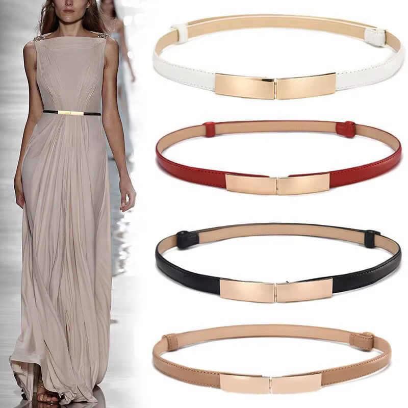 Ceinture robe Simple polyvalente mode femmes en cuir mince maigre métal or élastique boucle
