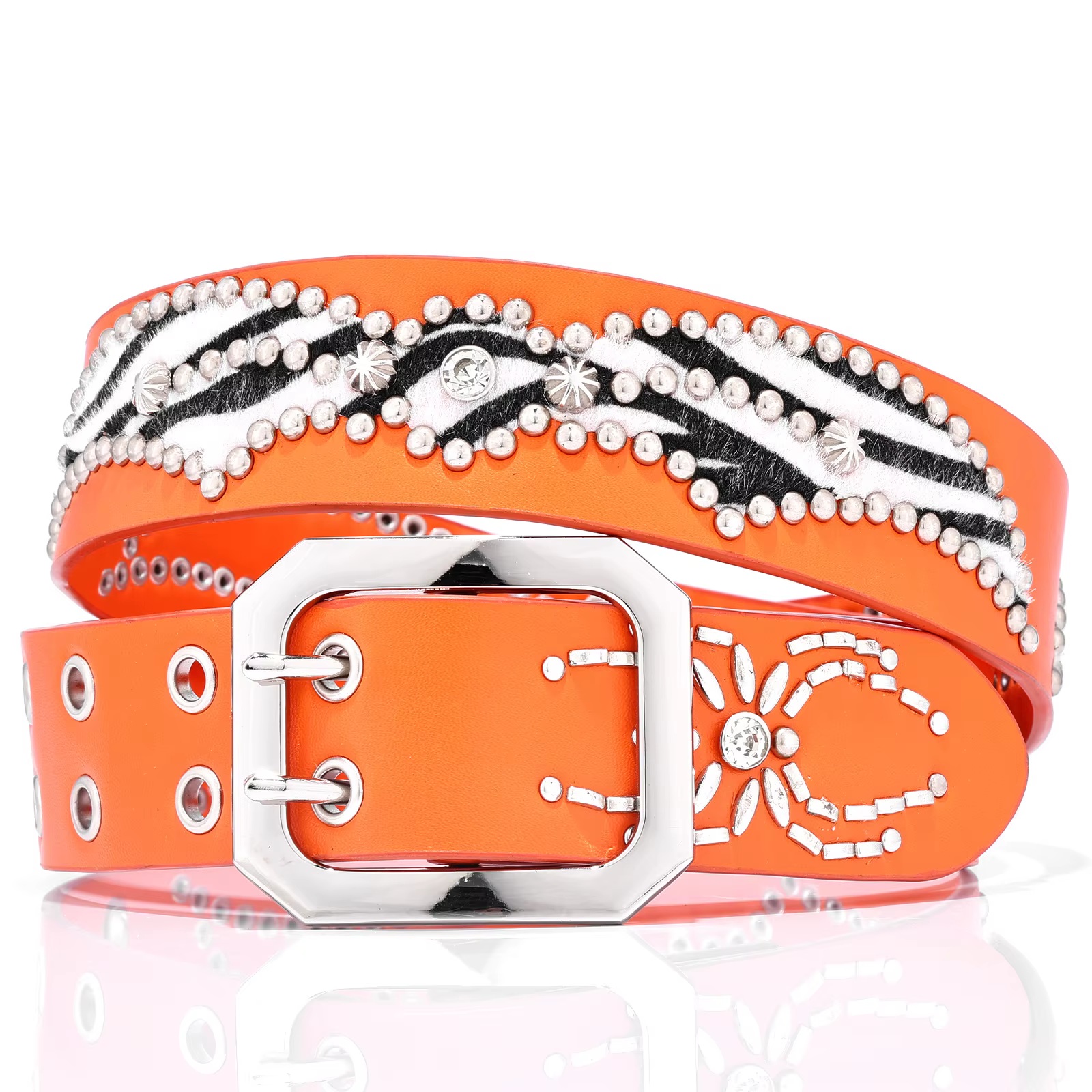 Ceinture en cuir orange avec strass pour femme