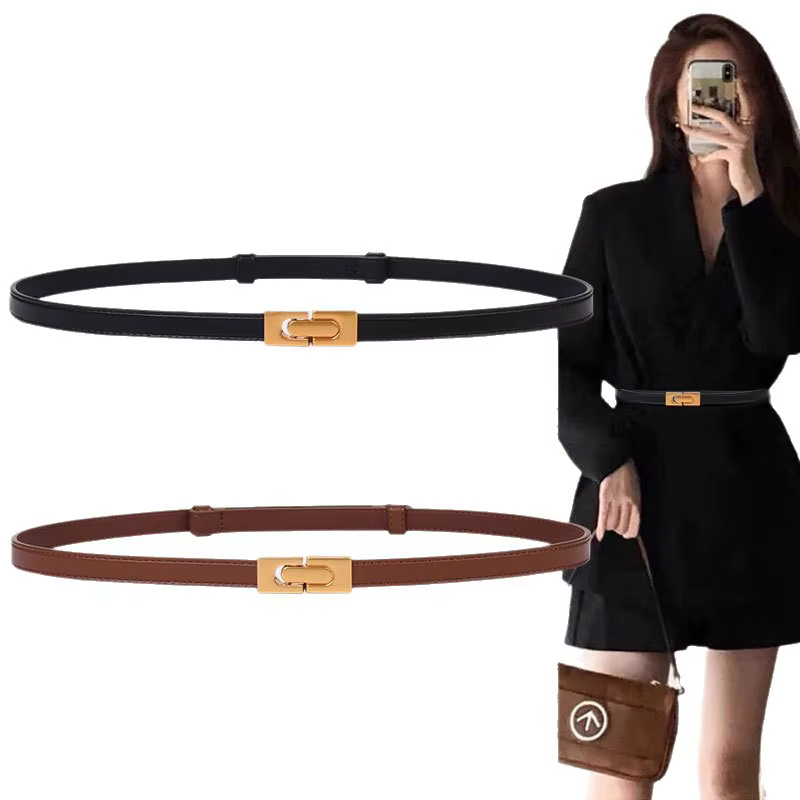Ceinture en cuir fine pour femme, couleur unie, boucle en métal vintage, réglable, pour robe, jean, manteau