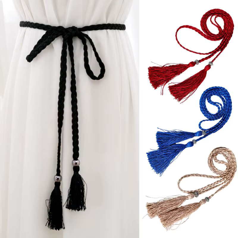 Ceinture à pampilles tissée de style chinois tressé pour dames