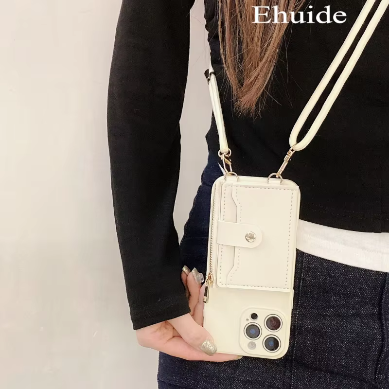 Étui portefeuille avec sangle pour iPhone 17 Pro Max, 17 Air, 17 Pro, 17P, avec fentes pour cartes, cordon bandoulière, en cuir PU et silicone