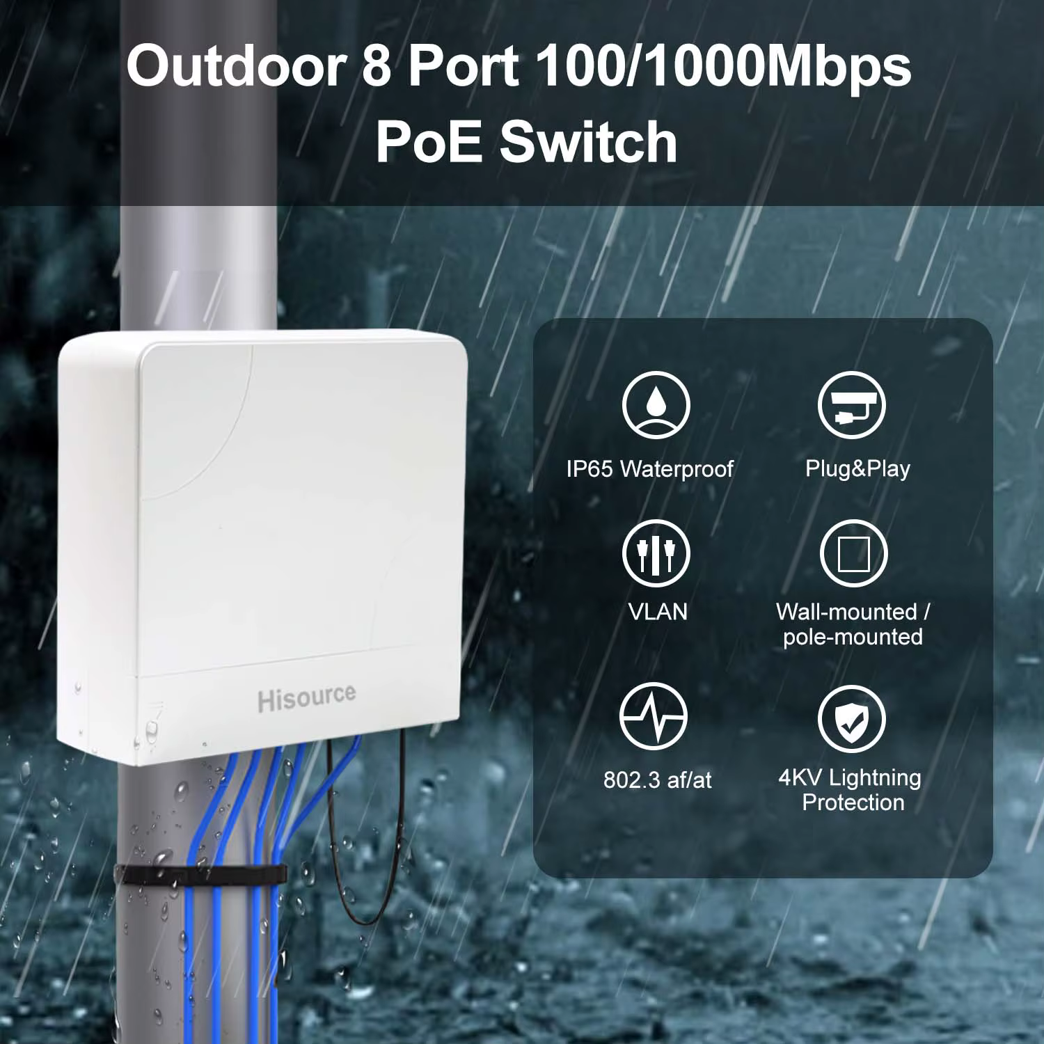 Hisource extérieur étanche 6 8 9 ports POE Ethernet commutateur actif 48V prise en charge du commutateur réseau IEEE 802.3af/at pour IPC/AP sans fil