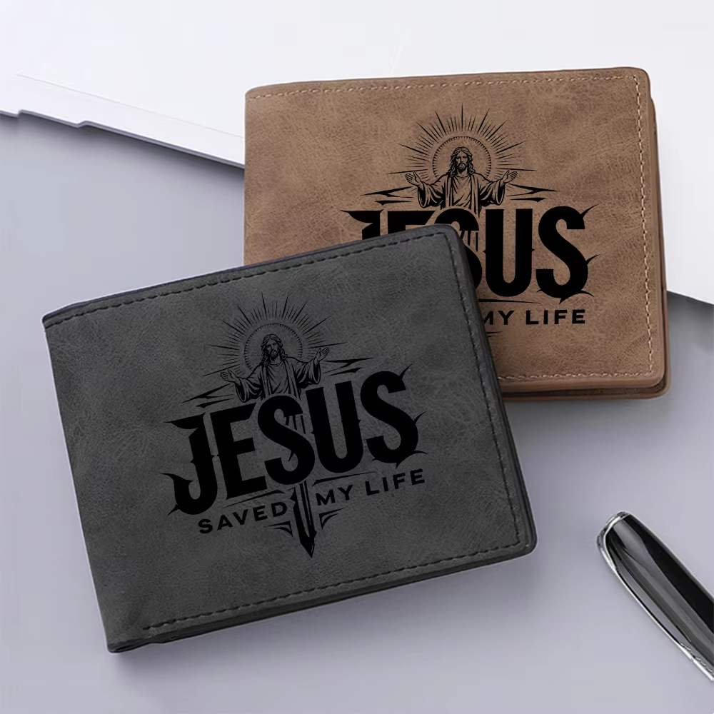 Portefeuille Bifold Vintage en Cuir PU pour Homme avec Imprimé Croix « Jésus m'a sauvé la vie »
