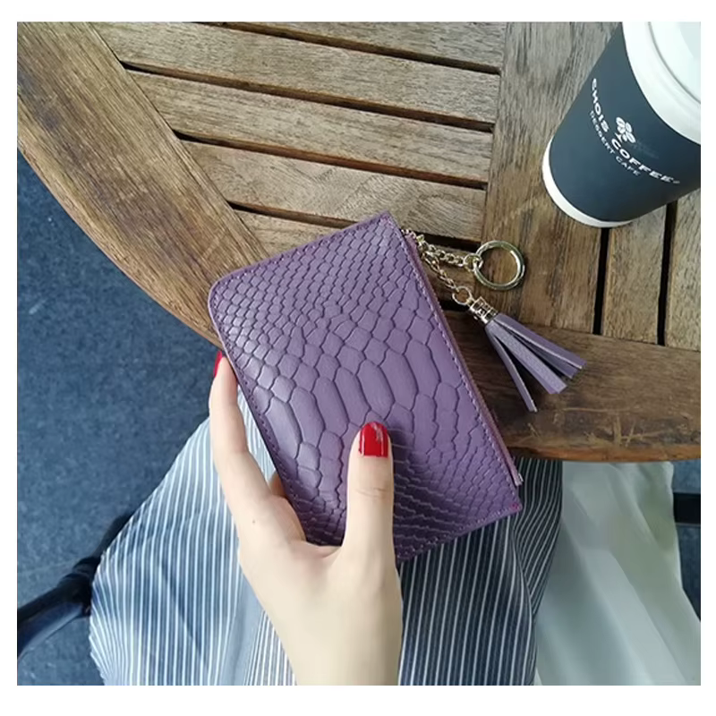 Portefeuille court en cuir motif serpent pour femmes, nom personnalisé, Ultra fin, Simple, fermeture éclair, petit porte-monnaie, sac avec pompon