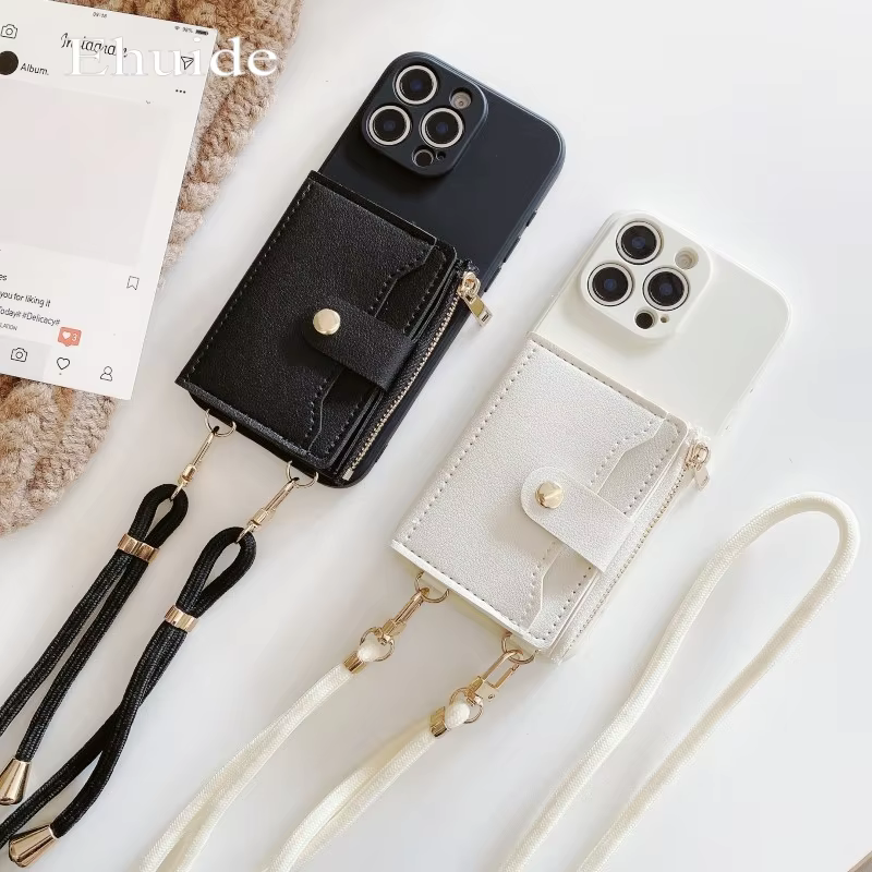 Étui portefeuille avec sangle pour iPhone 17 Pro Max, 17 Air, 17 Pro, 17P, avec fentes pour cartes, cordon bandoulière, en cuir PU et silicone