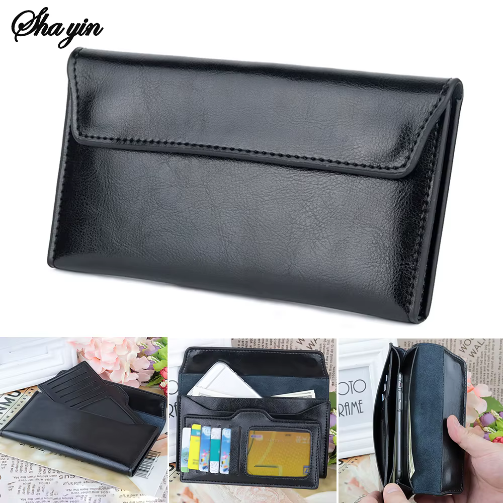 Portefeuille long ultra-fin en cuir de grande capacité