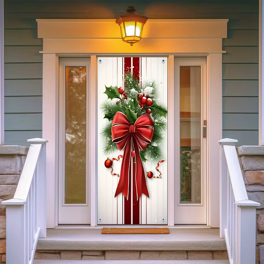 Décoration de porte de noël élégante, suspension de porte à motif de baies de houx rouge et vert, sans outil/batterie facile à installer