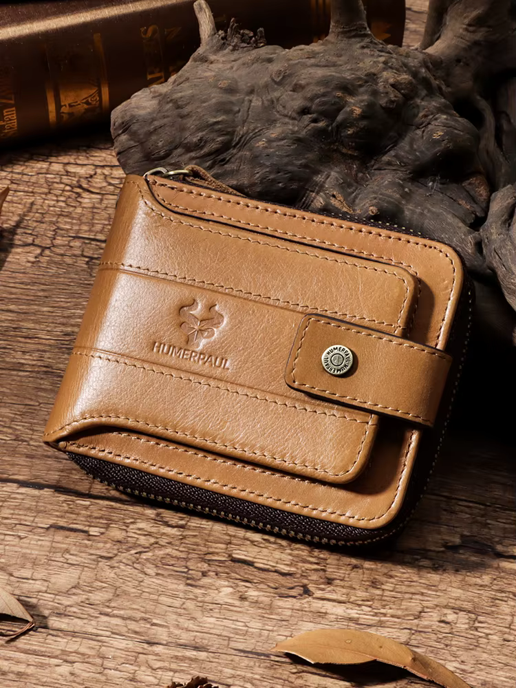 Portefeuille double pliable pour homme en cuir de vachette
