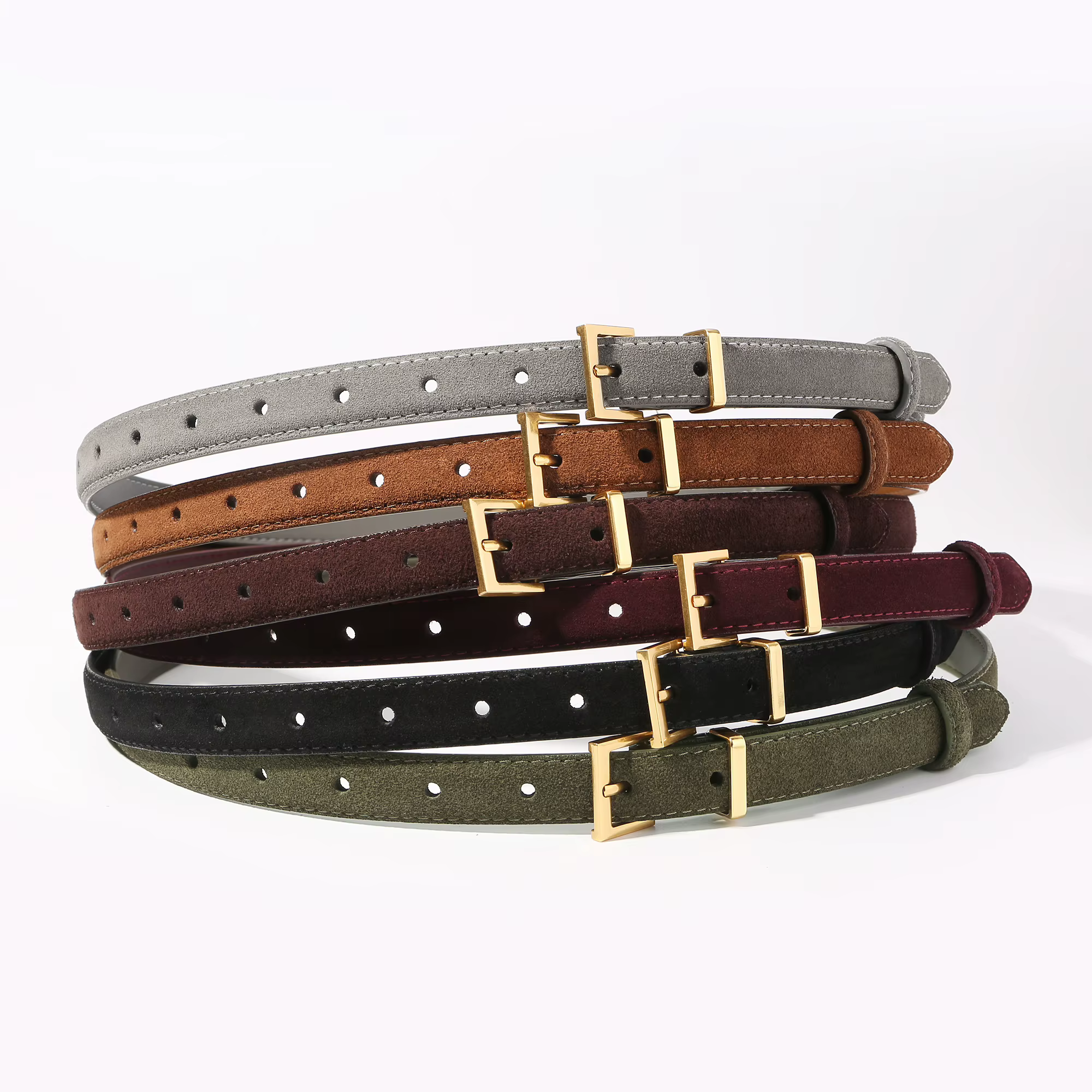 Ceinture en cuir suédé bordeaux pour femme avec boucle dorée