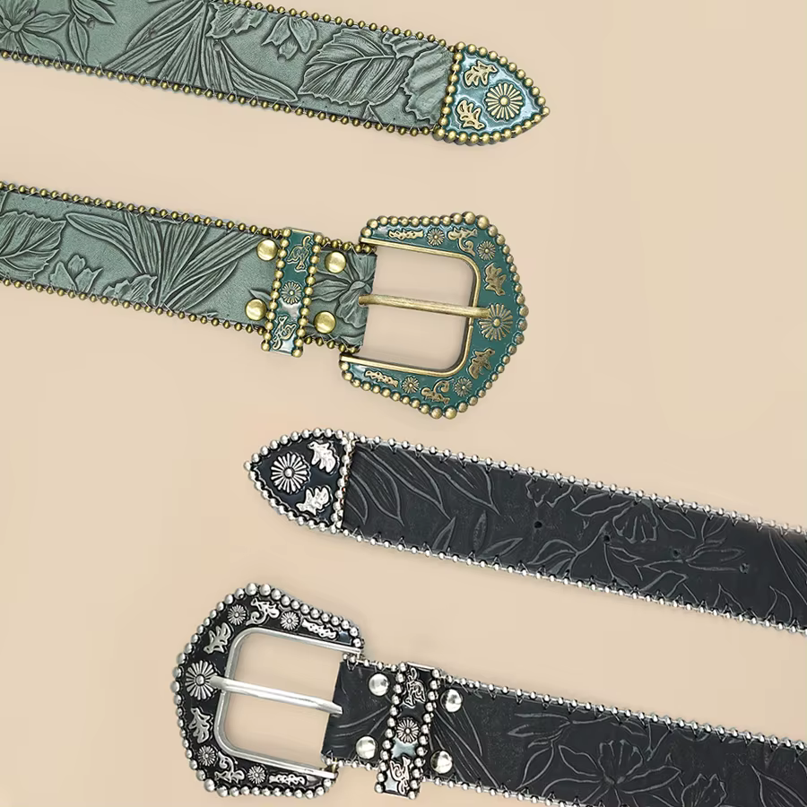 Ceinture bohème pour femme avec accents de perles métalliques – Boucle sculptée vintage et détail de chaîne gravée en feuilles pour une élégance décontractée