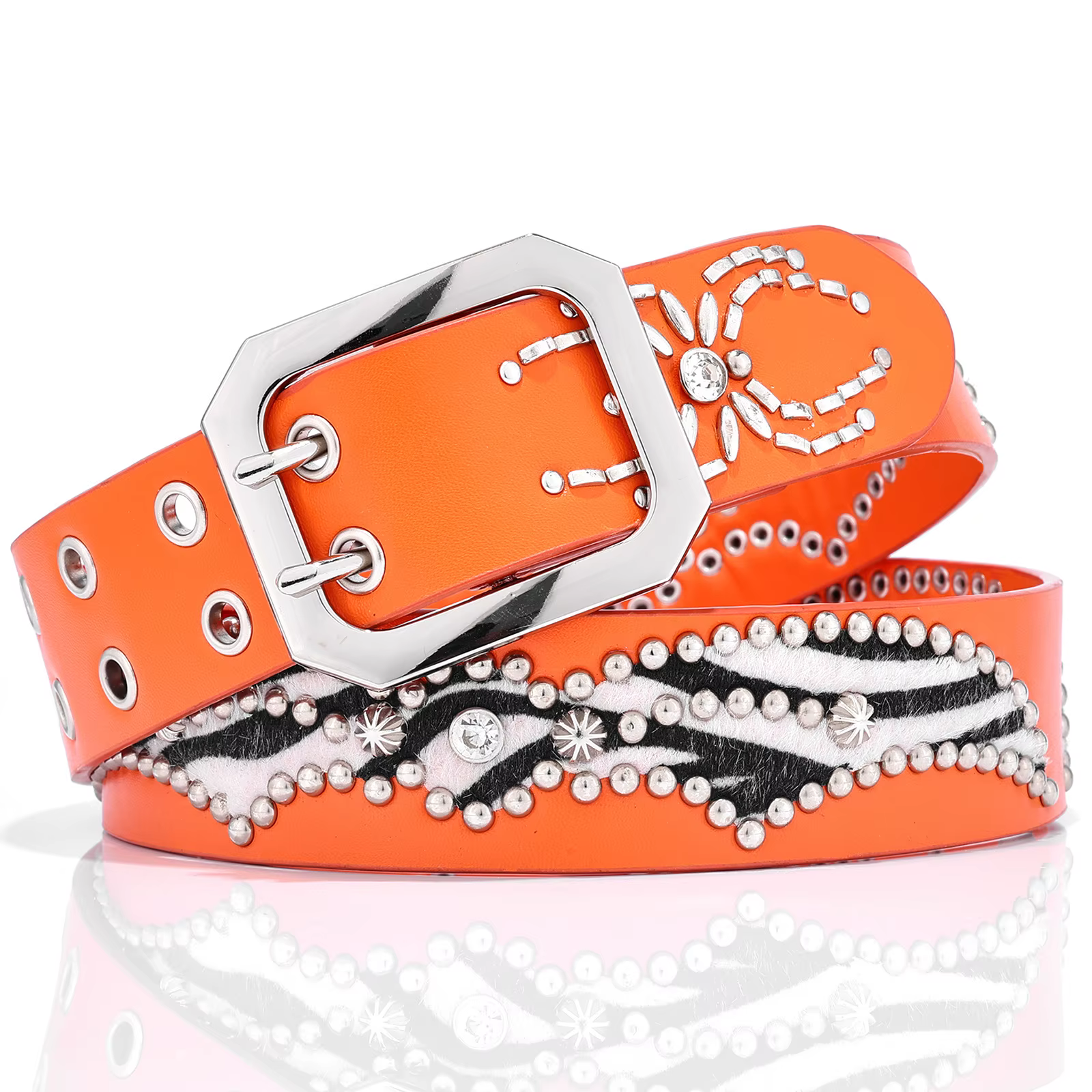 Ceinture en cuir orange avec strass pour femme