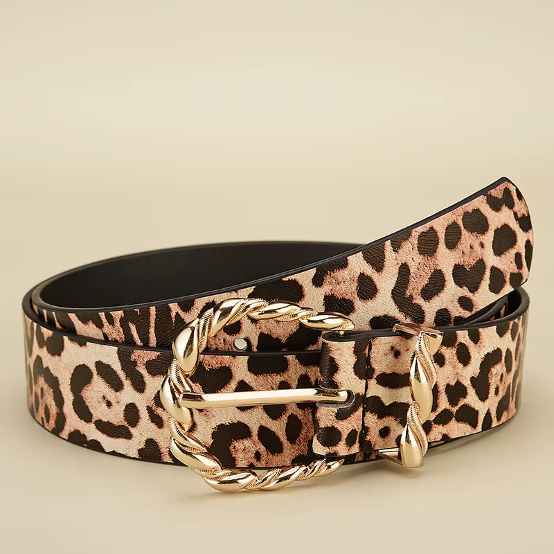 Ceinture en cuir PU à motif léopard rétro pour femmes avec boucle en alliage doré