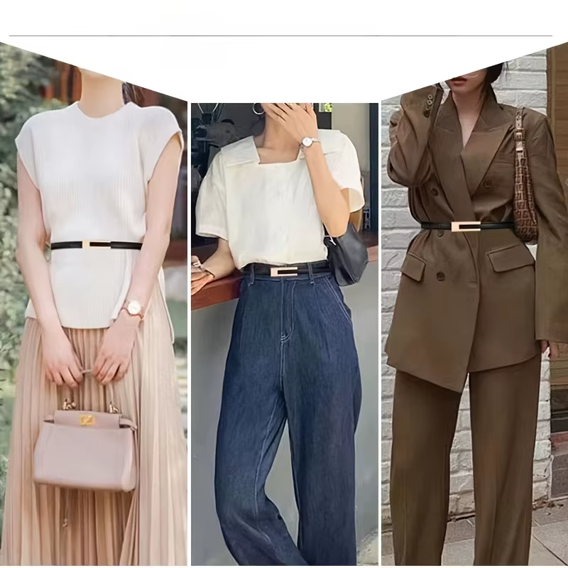 Ceinture en cuir véritable pour femme, ceinture de taille en cuir de vachette tendance avec boucle lisse, ceinture décorative polyvalente pour tenues décontractées et formelles
