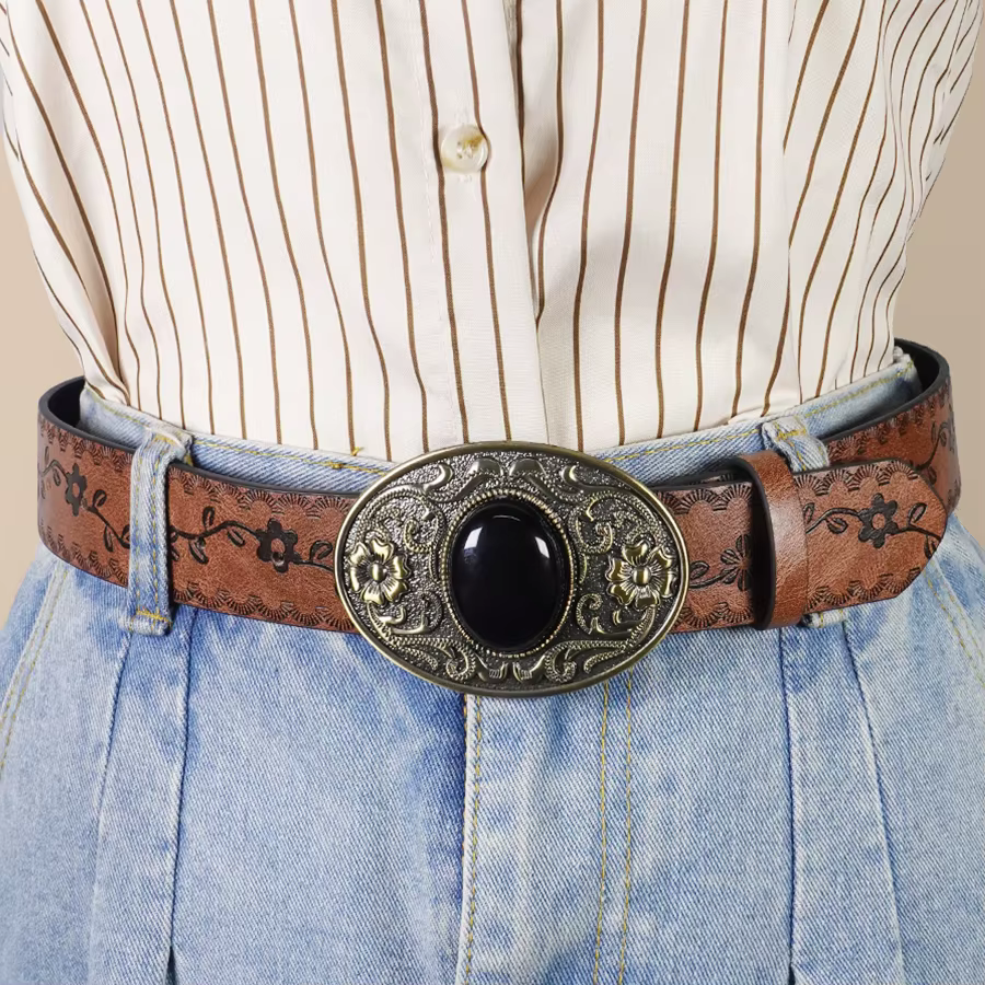 Ceinture pour femmes incrustée de Turquoise noir de Style Court rétro, Style Denim occidental, ceinture pour femmes de Niche, ceinture en pierres précieuses noires sculptées